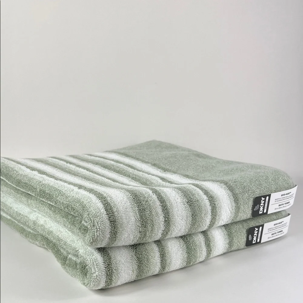 2pc DKNY Bath Towels Eco Hue Sage and White Striped Plush Cotton NEW